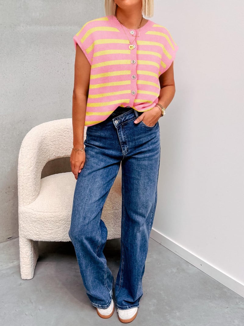 Cicy Bell Womens Striped Cap Sleeve Sweater Vest Crew Neck Button Down Cardigan Cute Knit Tops Pink - Image 4