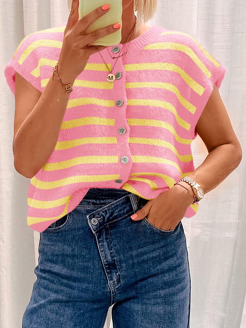 Cicy Bell Womens Striped Cap Sleeve Sweater Vest Crew Neck Button Down Cardigan Cute Knit Tops Pink - Image 3
