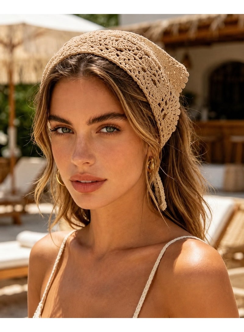 Women’s Multipurpose Crochet Scarf for Head or Waist, Beige – Code 4088 - Image 3