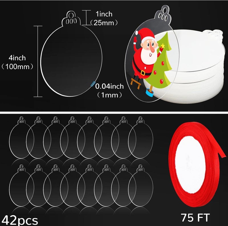 بلولو 42 قطعة من الزينة الأكريليكية الدائرية الشفافة مع رباط أحمر، قابلة للتصميم الخاص (DIY)، لتزيين شجرة عيد الميلاد أو صنع تذاكر أو هدايا. (تصميم جميل، بطول 4 بوصات) - Image 2