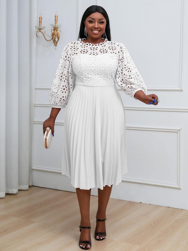 AOMEI Women's Elegant Lace Patchwork A-line Midi Pleated Hollow Out Lantern Sleeve Dress (White,Large) - Image 3