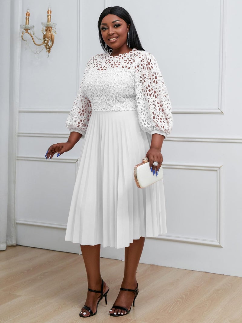 AOMEI Women's Elegant Lace Patchwork A-line Midi Pleated Hollow Out Lantern Sleeve Dress (White,Large) - Image 4