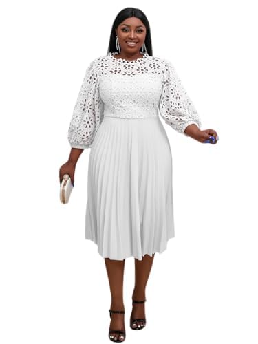 AOMEI Women's Elegant Lace Patchwork A-line Midi Pleated Hollow Out Lantern Sleeve Dress (White,Large) - Image 2