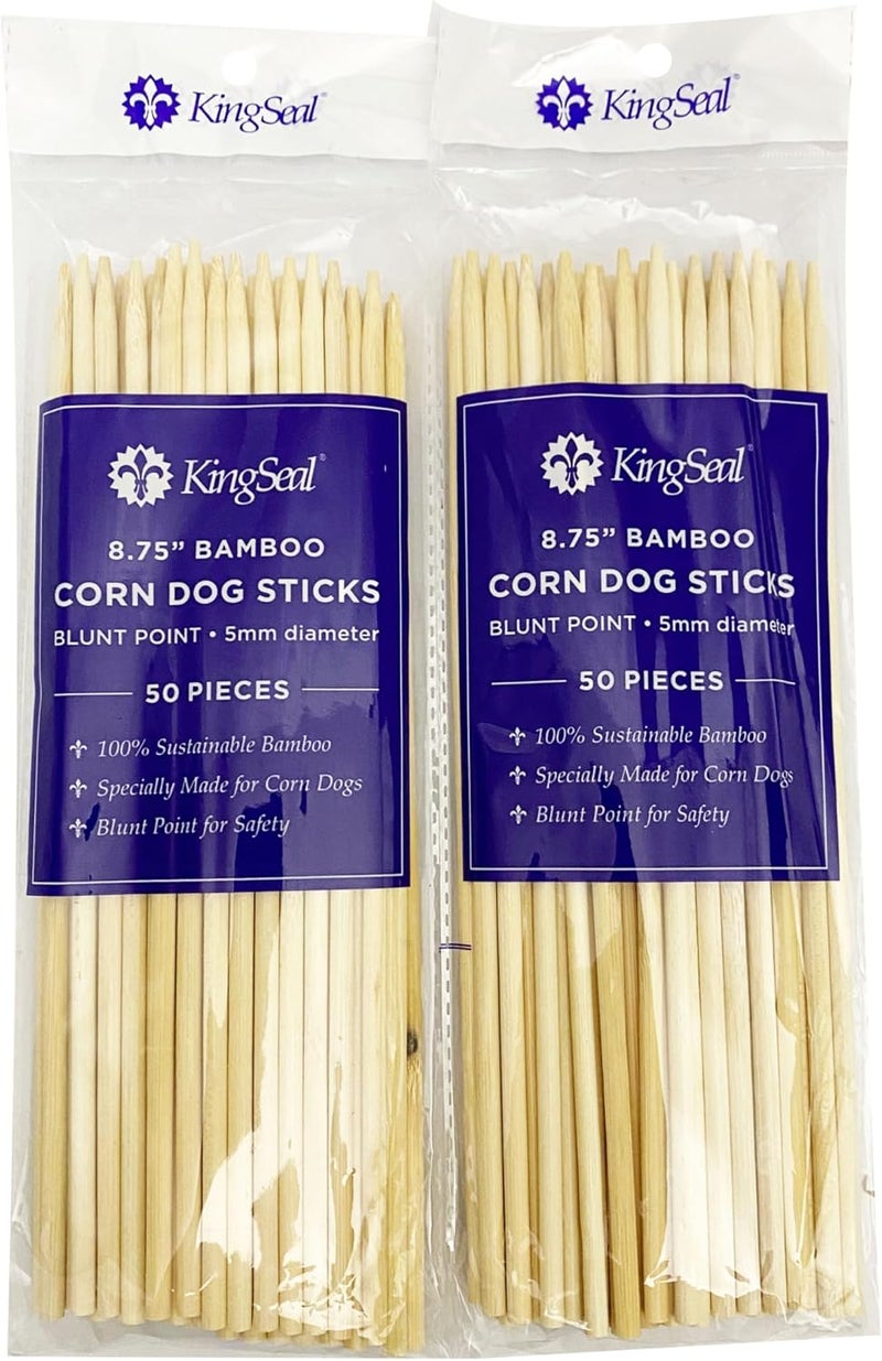KingSeal Bamboo Wood Corn Dog Skewers, Sticks, 8.75 Inches x 5 mm Diameter, Blunt Point for Safety, Retail Pack - 2 Bags of 50 Skewers (100 Count) - Image 1
