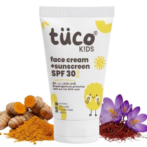 TuCo توكو® كريم وجه للأطفال 2 في 1 + واقي شمس SPF 30 بزيت الزعفران للأطفال | الأعمار 2-5، 5-10، 10-15 | UVA/UVB PA++++ | طيف واسع | خالي من بنزوفينون-3 وأفوبنزون | 30 جم - Image 1