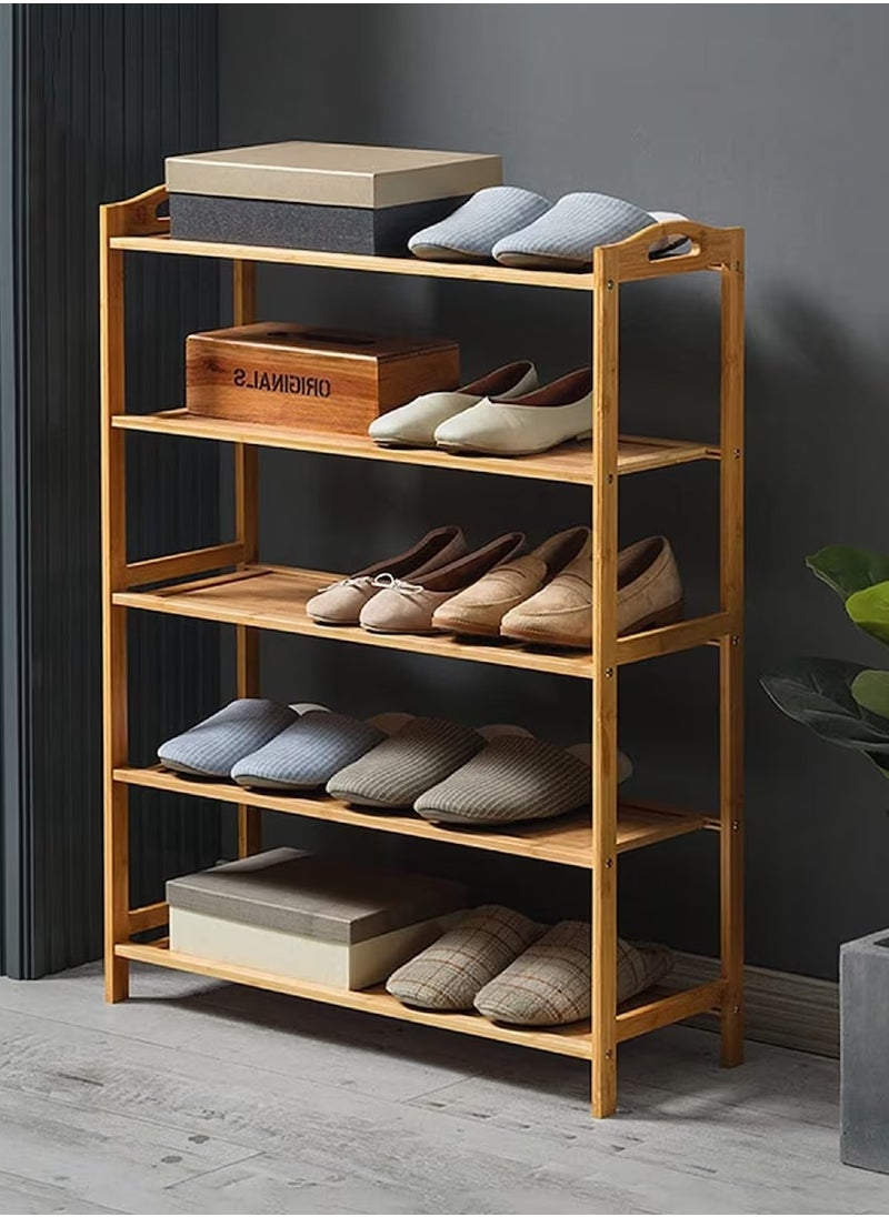 Roman Gifts - 5 tier Bamboo Multi Functional Shoe Storage Organizer Rack with Handle and Shelves for Living Room Entryway Hallway and Cloakroom - Image 1