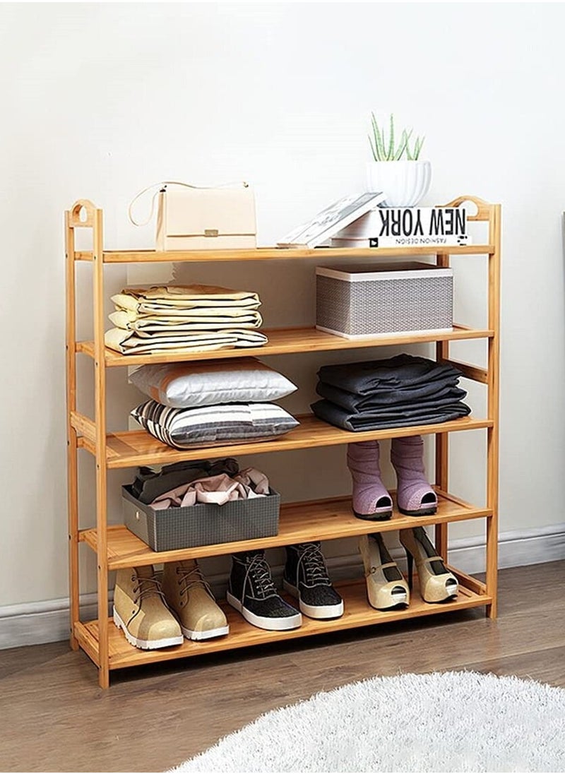 Roman Gifts - 5 tier Bamboo Multi Functional Shoe Storage Organizer Rack with Handle and Shelves for Living Room Entryway Hallway and Cloakroom - Image 1