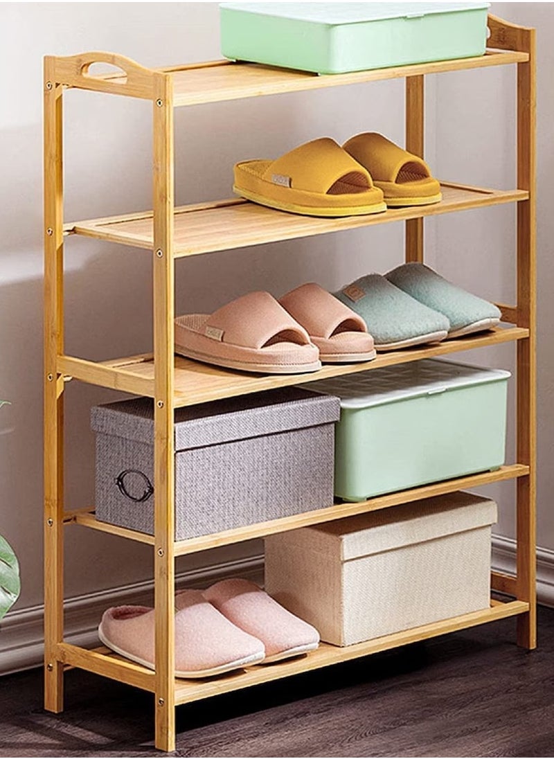 Roman Gifts - 5 tier Bamboo Multi Functional Shoe Storage Organizer Rack with Handle and Shelves for Living Room Entryway Hallway and Cloakroom - Image 1
