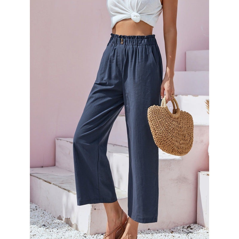 2023 Amazon new European and American cross-border womens pants high waist lotus leaf elastic waist simply cotton and linen cropped pants casual pants Orange Red - Image 2