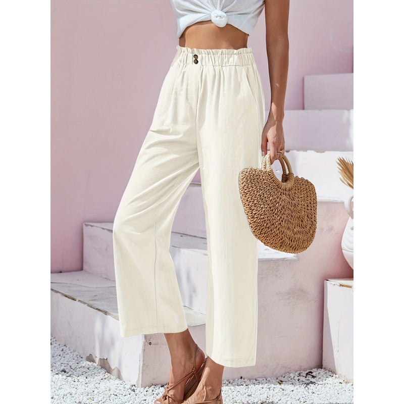 2023 Amazon new European and American cross-border womens pants high waist lotus leaf elastic waist simply cotton and linen cropped pants casual pants Orange Red - Image 4