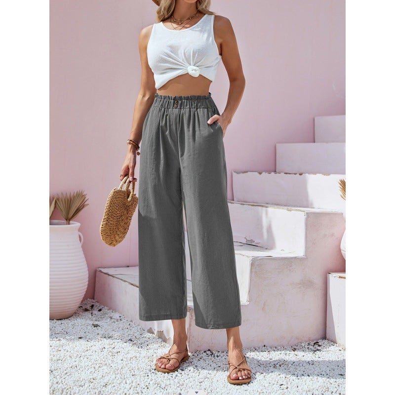 2023 Amazon new European and American cross-border womens pants high waist lotus leaf elastic waist simply cotton and linen cropped pants casual pants Orange Red - Image 5