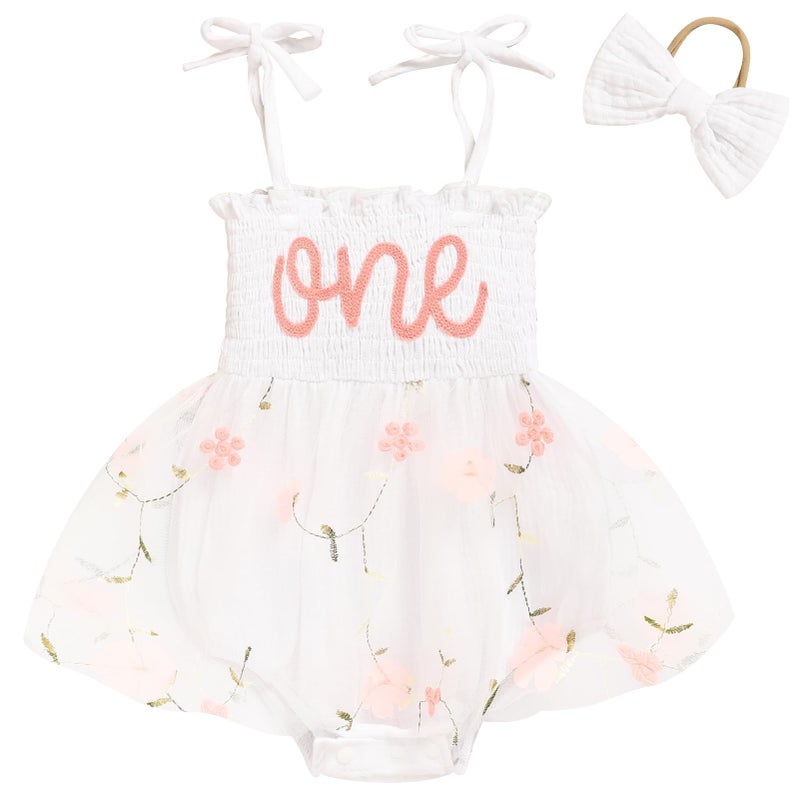 TITKKOP Baby Girl 1st Birthday Clothes One Year Old Tulle Romper Sleeveless Bodysuit Cake Smash Outfits(white-white flower,12-18M) - Image 1