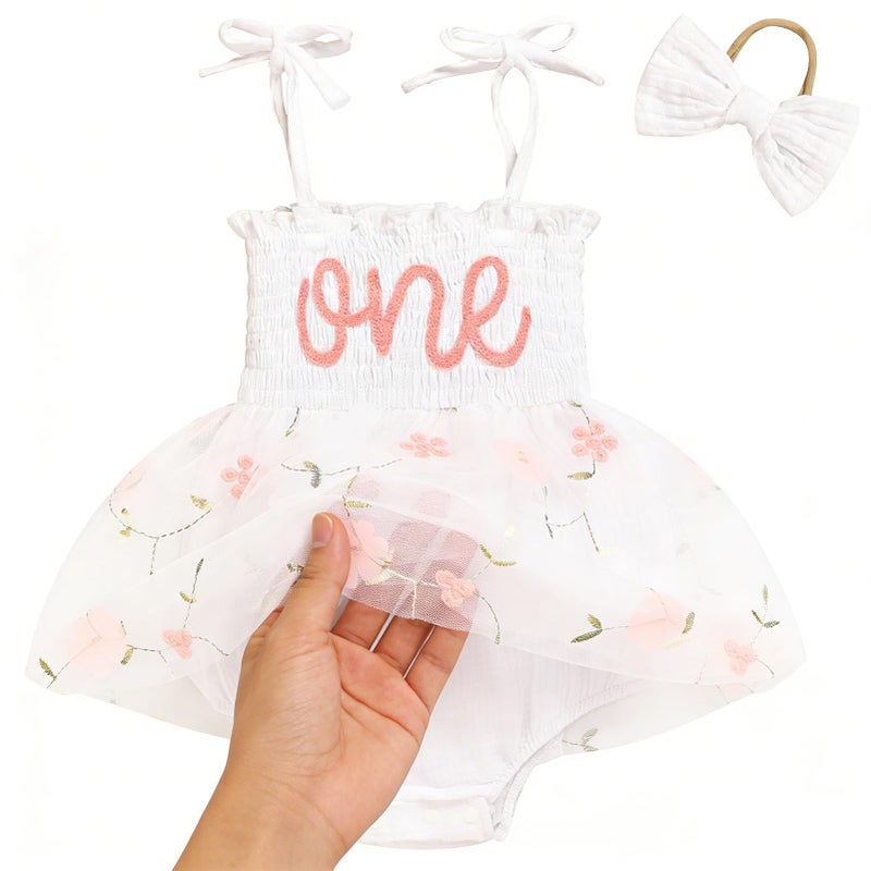 TITKKOP Baby Girl 1st Birthday Clothes One Year Old Tulle Romper Sleeveless Bodysuit Cake Smash Outfits(white-white flower,12-18M) - Image 3
