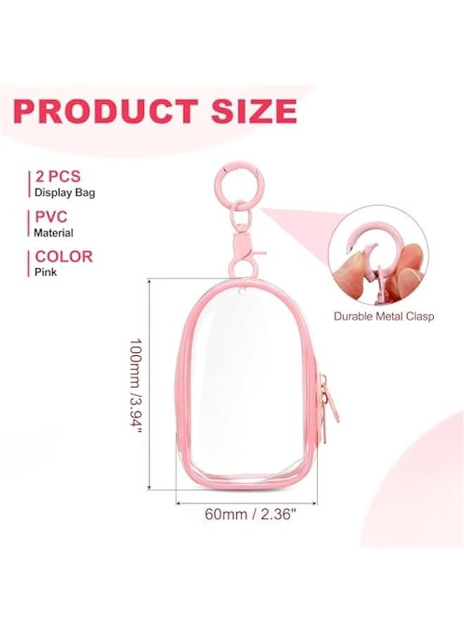 Arabest 2 Pcs 3.94x2.36 Inch Clear Figure Display Bag with Keychain, PVC Portable Small Dolls Storage Bag, Zipper Closure Carrying Display Case Pouch for Collectibles (Cabin Pink)  - Image 2
