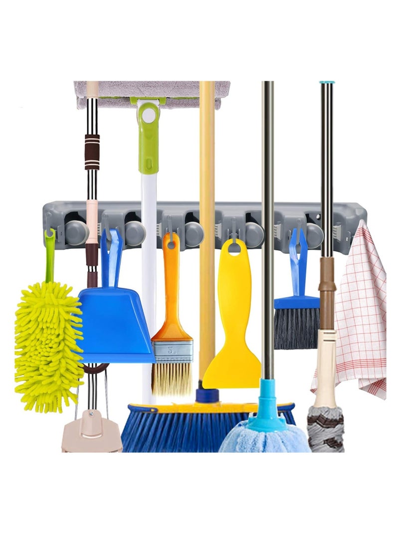 ELTRAZONE "Wall-Mounted Broom and Mop Holder – 5-Position Garden Tool Organizer with 6 Hooks, Garage Storage Rack (Grey, 1 Pack)"  - Image 1