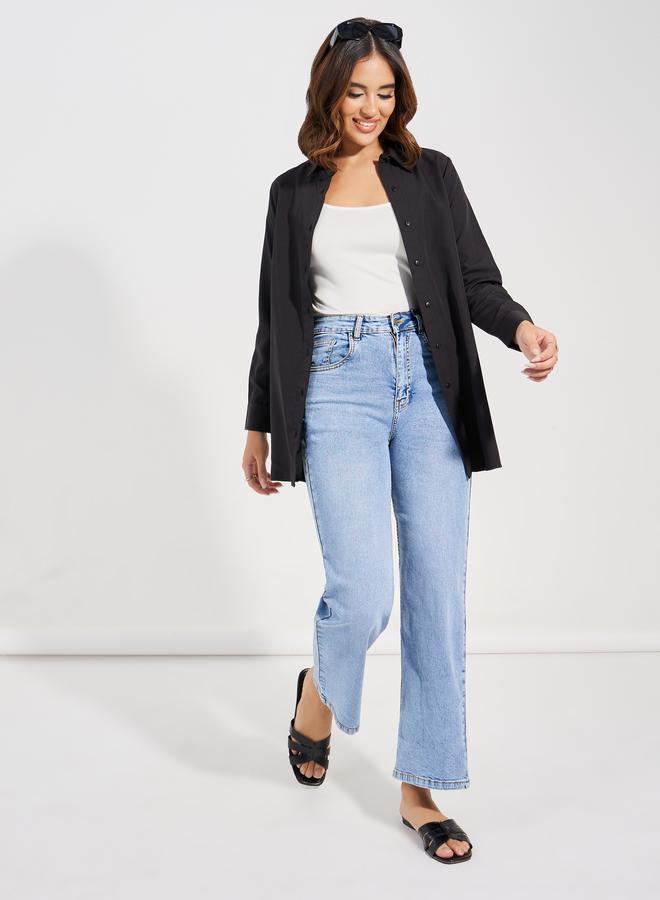 قميص طويل منسوج سادة بفتحة أزرار