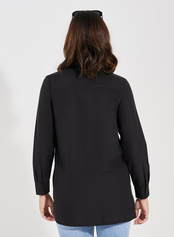 قميص طويل منسوج سادة بفتحة أزرار