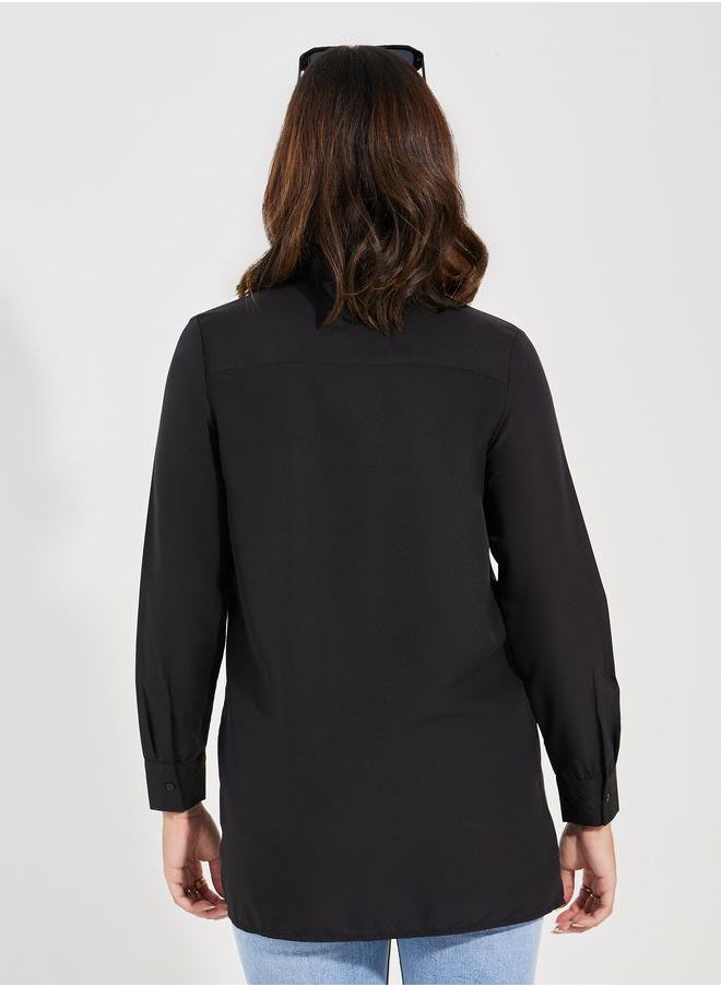 Styli - Solid Woven Longline Shirt with Button Placket - Image 1