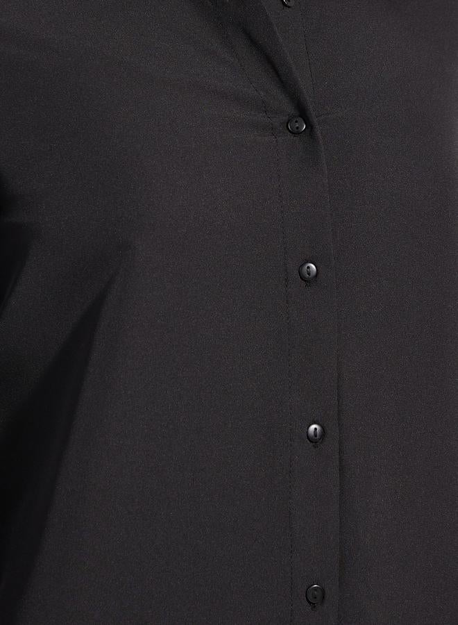 قميص طويل منسوج سادة بفتحة أزرار