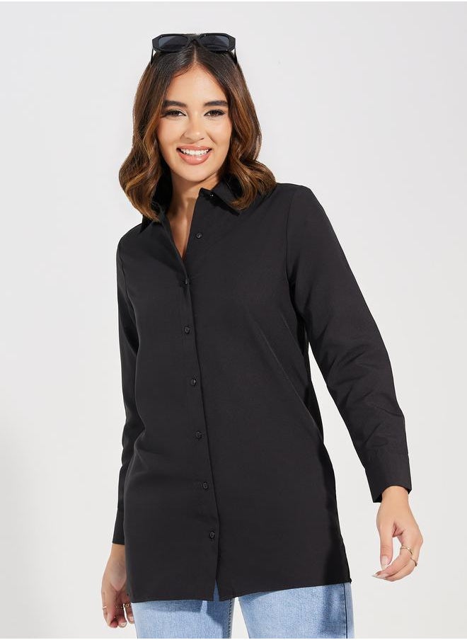 Styli - Solid Woven Longline Shirt with Button Placket - Image 1