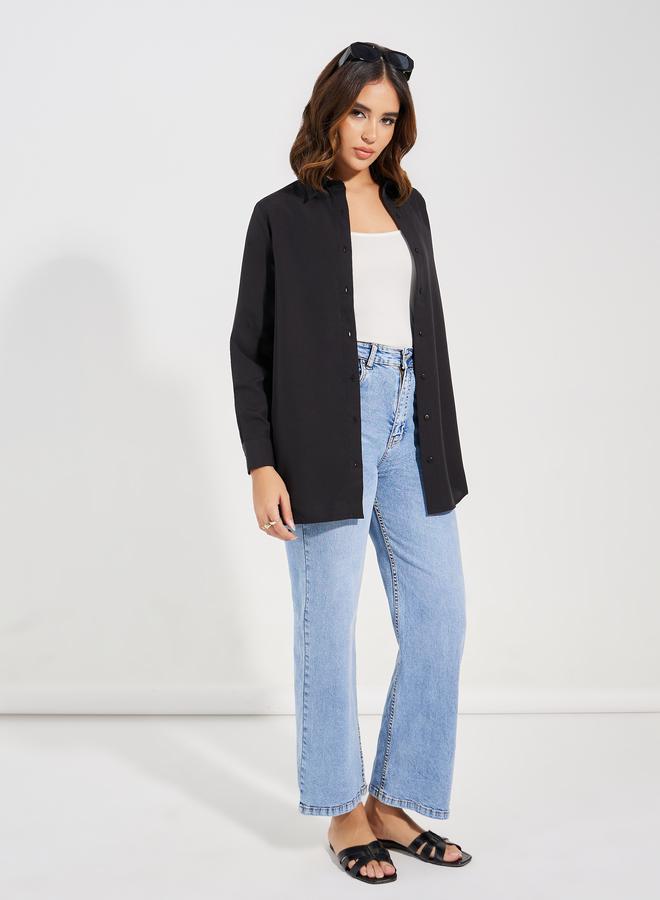 Styli Solid Woven Longline Shirt With Button Placket - Image 2