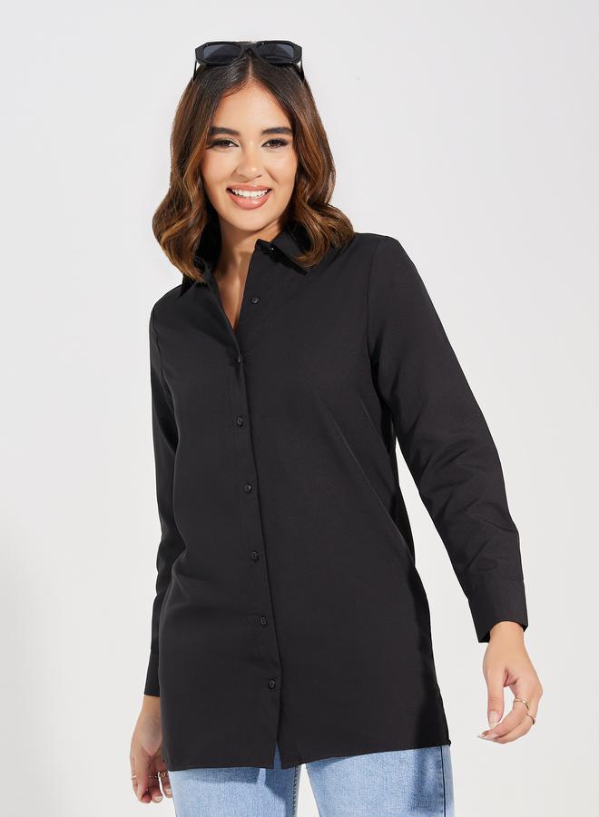 Styli Solid Woven Longline Shirt With Button Placket - Image 3