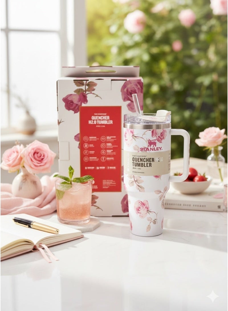 ستانلي كوب كوينشر H2.0 معزول حراريًا، سعة 40 أونصة، بمقبض وغطاء من القش | كوب سفر كبير من الفولاذ المقاوم للصدأ | عبوة هدايا بنقشة زهور - Image 3