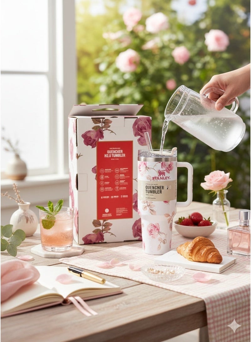 ستانلي كوب كوينشر H2.0 معزول حراريًا، سعة 40 أونصة، بمقبض وغطاء من القش | كوب سفر كبير من الفولاذ المقاوم للصدأ | عبوة هدايا بنقشة زهور - Image 2