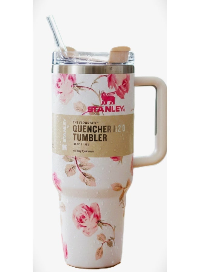 ستانلي كوب كوينشر H2.0 معزول حراريًا، سعة 40 أونصة، بمقبض وغطاء من القش | كوب سفر كبير من الفولاذ المقاوم للصدأ | عبوة هدايا بنقشة زهور - Image 1