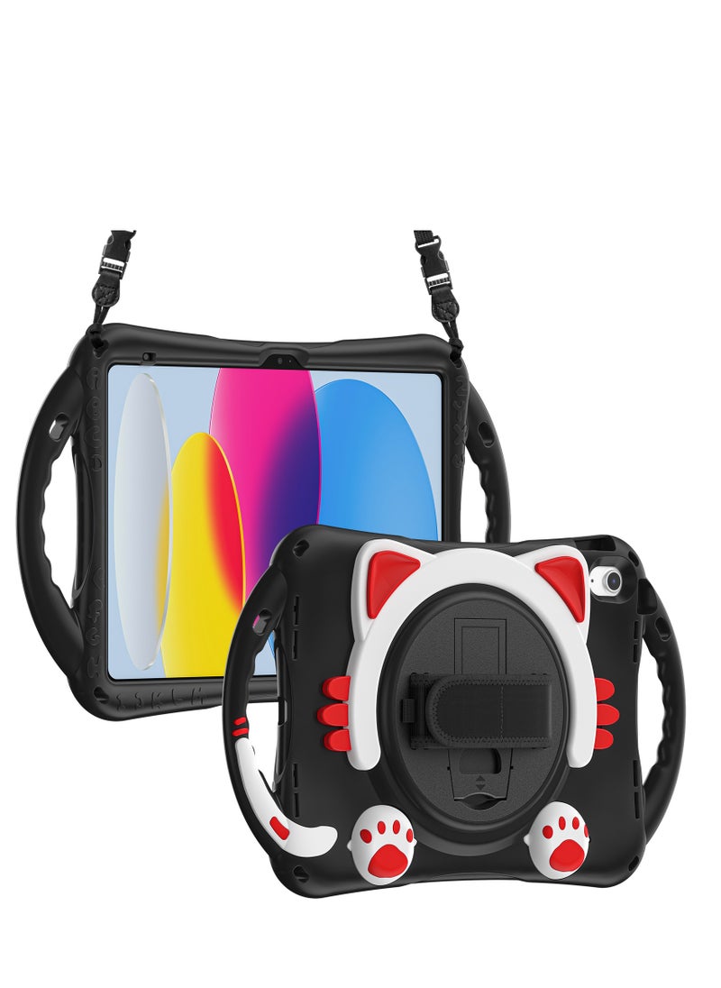GULFLINK Cute Cat Kids Case with 360 Degree Rotatable Stand/Hand Strap+Shoulder Strap for ipad 10th 10.9 inch 2022（A2757/A2777）Black  - Image 2
