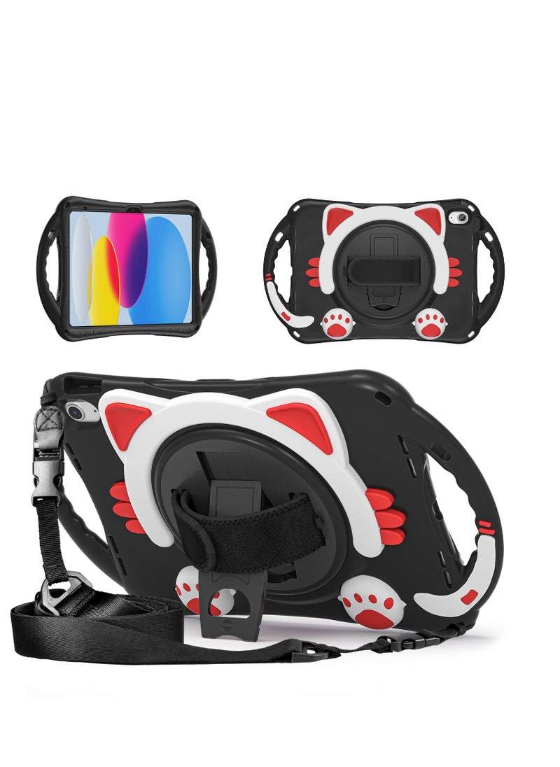 GULFLINK Cute Cat Kids Case with 360 Degree Rotatable Stand/Hand Strap+Shoulder Strap for ipad 10th 10.9 inch 2022（A2757/A2777）Black  - Image 1
