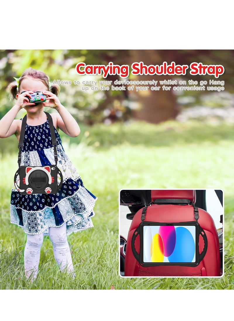 GULFLINK Cute Cat Kids Case with 360 Degree Rotatable Stand/Hand Strap+Shoulder Strap for ipad 10th 10.9 inch 2022（A2757/A2777）Black  - Image 5