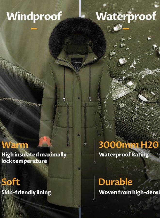CREATMO US Women's Long Winter Coat Warm Waterproof Puffer Jacket Snow Quilted Bubble Parka with Hood, Army Green, M - Image 4