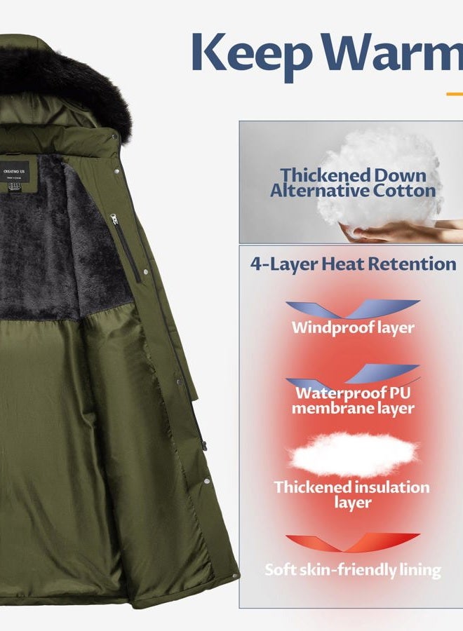 CREATMO US Women's Long Winter Coat Warm Waterproof Puffer Jacket Snow Quilted Bubble Parka with Hood, Army Green, M - Image 3