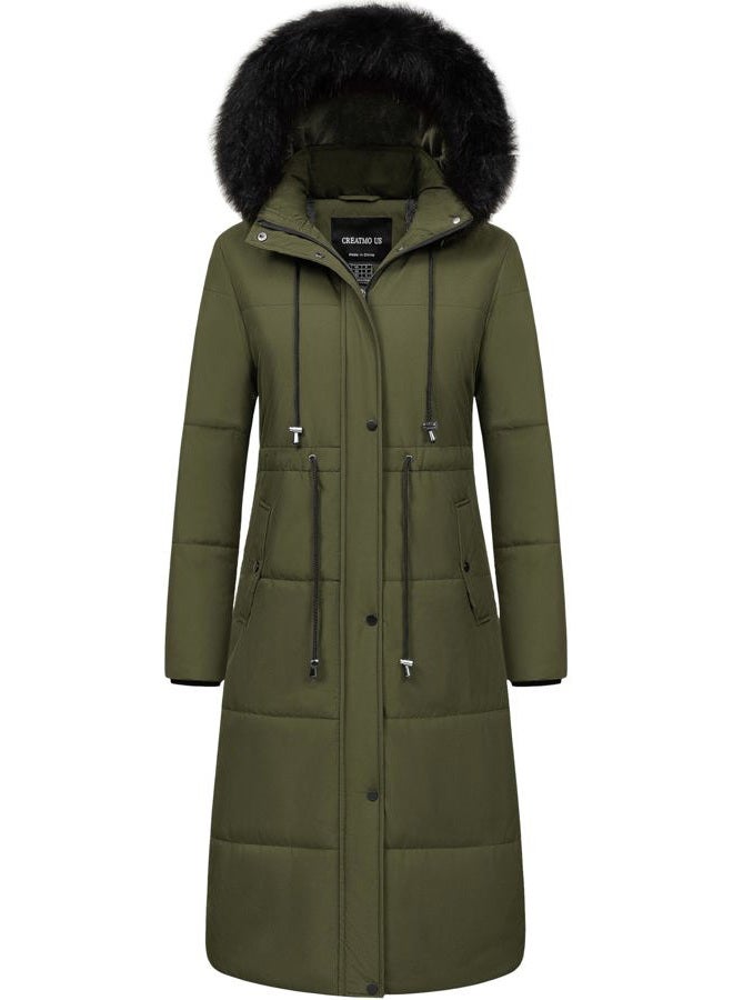 CREATMO US Women's Long Winter Coat Warm Waterproof Puffer Jacket Snow Quilted Bubble Parka with Hood, Army Green, M - Image 1