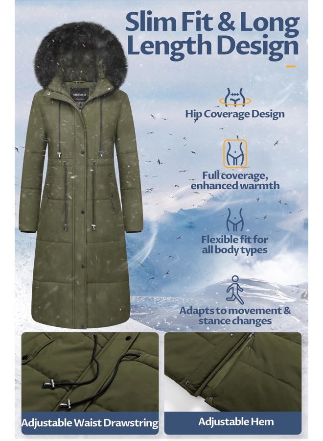 CREATMO US Women's Long Winter Coat Warm Waterproof Puffer Jacket Snow Quilted Bubble Parka with Hood, Army Green, M - Image 5