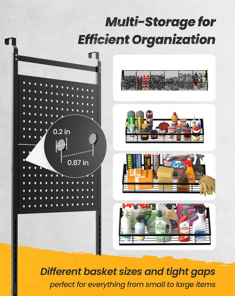 mustry Over The Door Garage Organizer, Behind The Door Storage with PegBoards and Baskets for Cleaning Supplies, Car Care, Spray Can, Metal Hanging Storage Rack for Garage Organization - Image 2