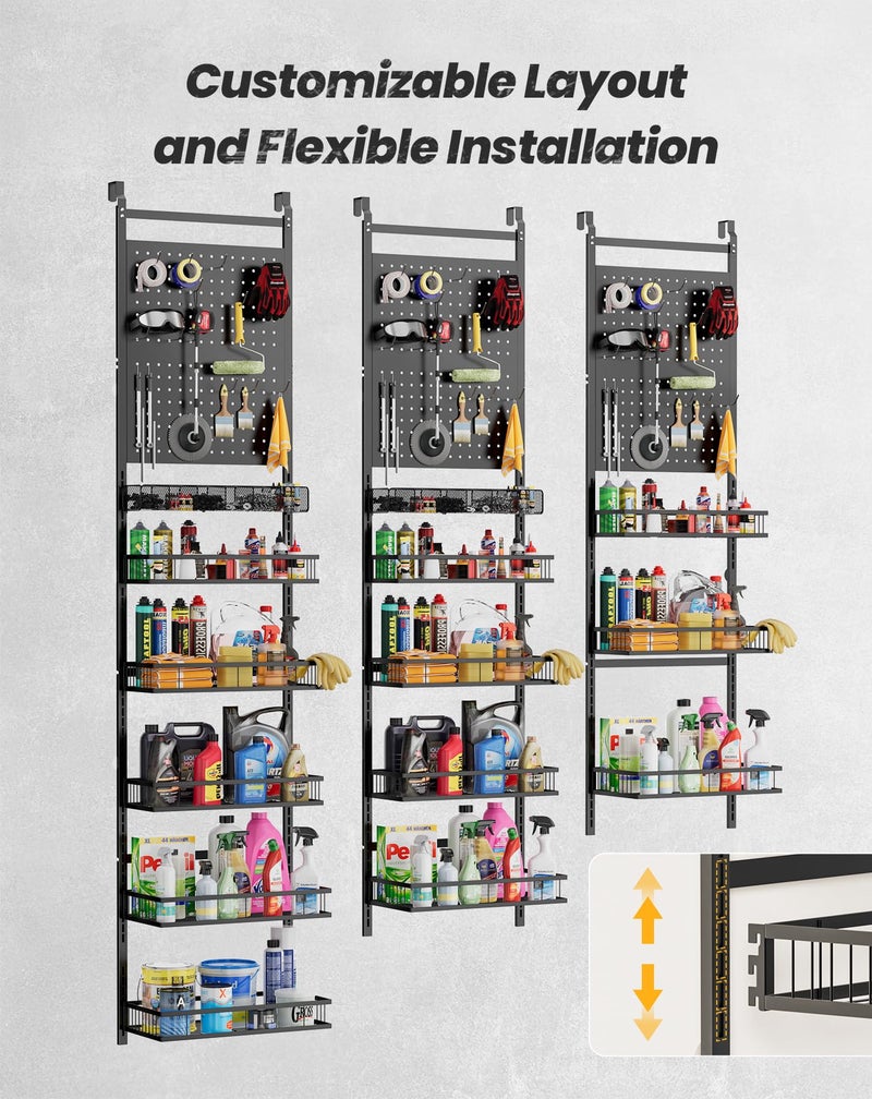 mustry Over The Door Garage Organizer, Behind The Door Storage with PegBoards and Baskets for Cleaning Supplies, Car Care, Spray Can, Metal Hanging Storage Rack for Garage Organization - Image 5