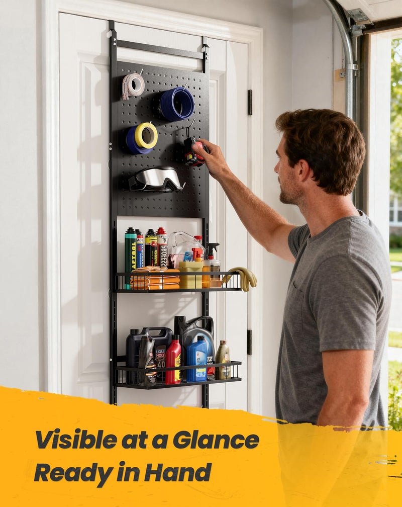 mustry Over The Door Garage Organizer, Behind The Door Storage with PegBoards and Baskets for Cleaning Supplies, Car Care, Spray Can, Metal Hanging Storage Rack for Garage Organization - Image 3