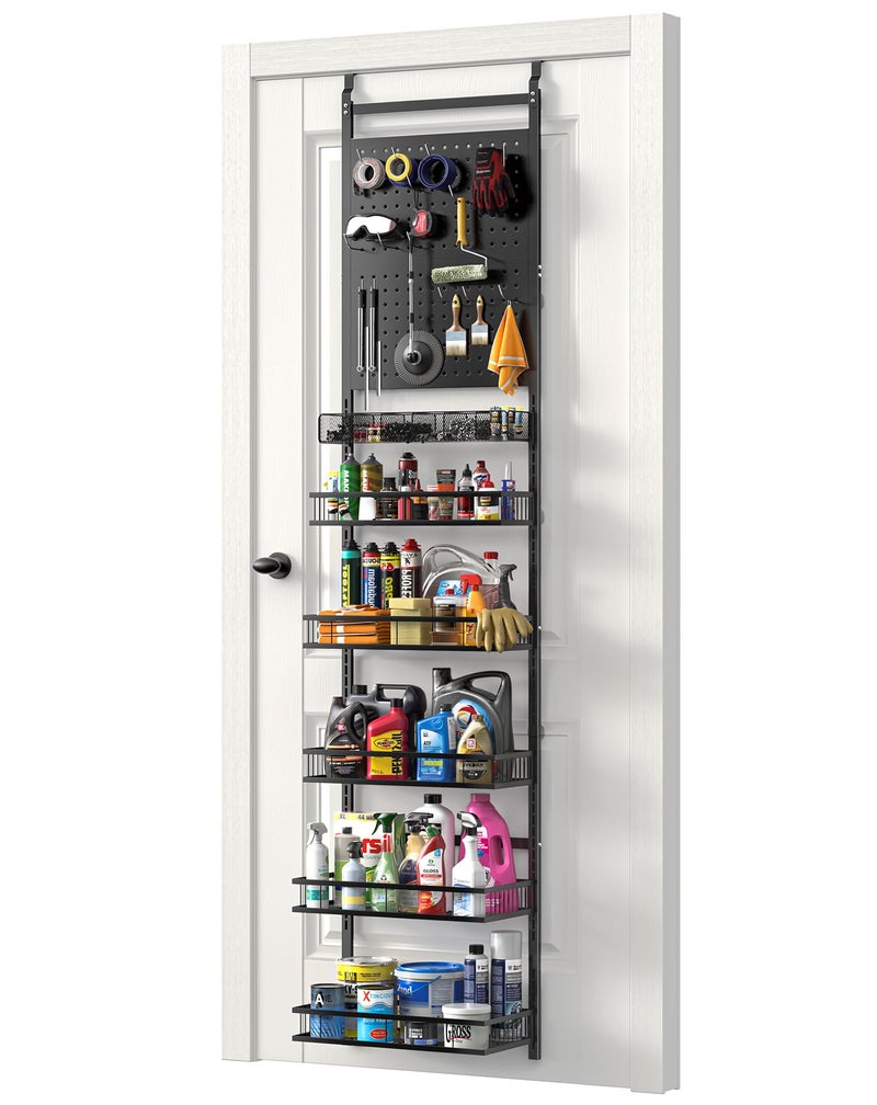 mustry Over The Door Garage Organizer, Behind The Door Storage with PegBoards and Baskets for Cleaning Supplies, Car Care, Spray Can, Metal Hanging Storage Rack for Garage Organization - Image 1