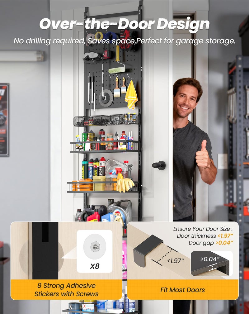 mustry Over The Door Garage Organizer, Behind The Door Storage with PegBoards and Baskets for Cleaning Supplies, Car Care, Spray Can, Metal Hanging Storage Rack for Garage Organization - Image 4