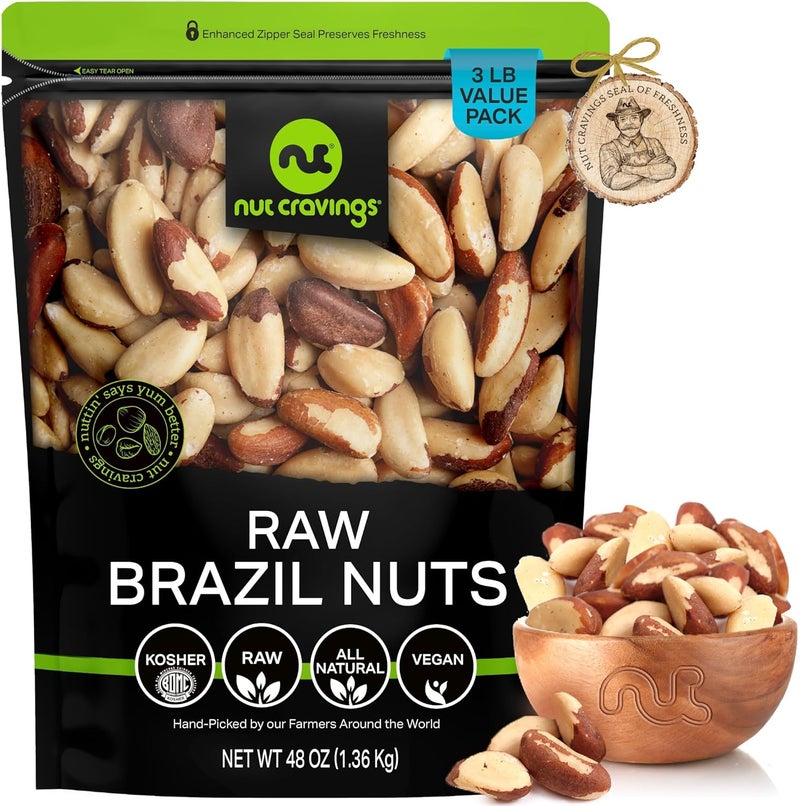 NUT CRAVINGS Raw Brazil Nuts Unsalted No Shell Whole 48oz 3 LB Bulk Nuts Packed Fresh in Resealable Bag Kosher Healthy Snack Food Assortments - Image 1
