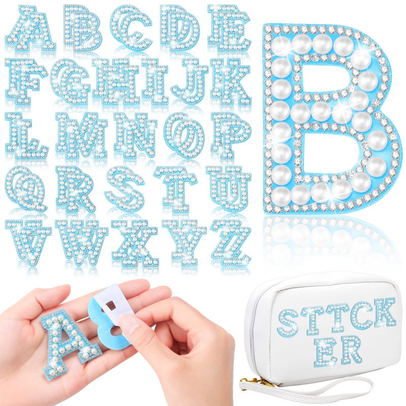 WILLBOND WILLBOND 52 Pieces Self Adhesive Pearl Rhinestone Letter Patches AZ Bling Rhinestone Letter Stickers Glitter Alphabet Appliques Sticker for DIY Clothes Bags Hats Phone BackpacksWhite Blue