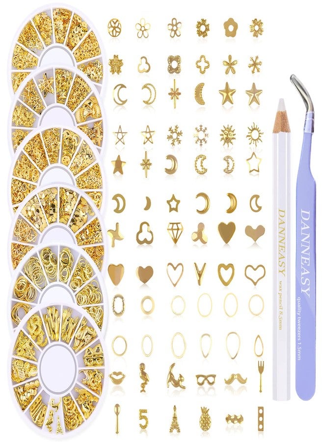 DANNEASY 3d Nail Charms, Nail Jewels, Gold Nail Art Charms, Charm for Nails Metal Nail Studs Jewelry for Acrylic Nails DIY Craft Nail Decoration (6 Boxes) - Image 1