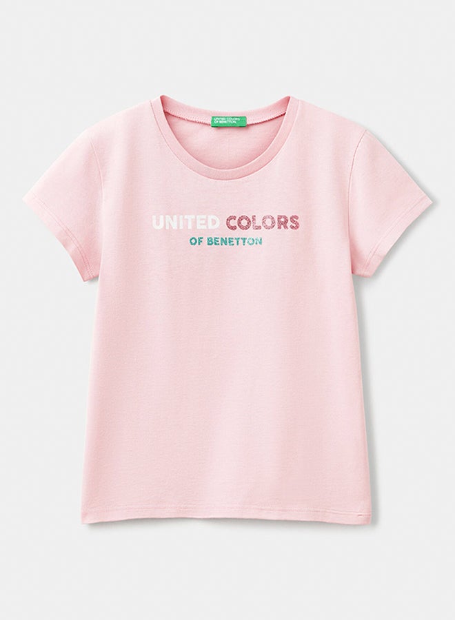 بينيتون تي شيرت بنات مع شعار لامع من القطن - Image 1