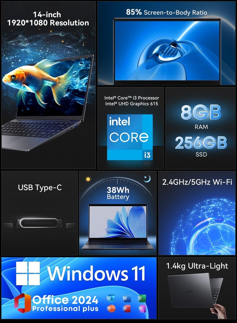 14.1 inch Laptop Computer,CoreBook i3 Dual-Core Processor(Up to 3.9GHz), Office 2024 Traditional Laptop 8GB RAM 256GB SSD, FHD 1920 * 1080,Win 11 Home,laptops for Gaming,WiFi 5,BT 4.2 ，HDMI，Webc - Image 2