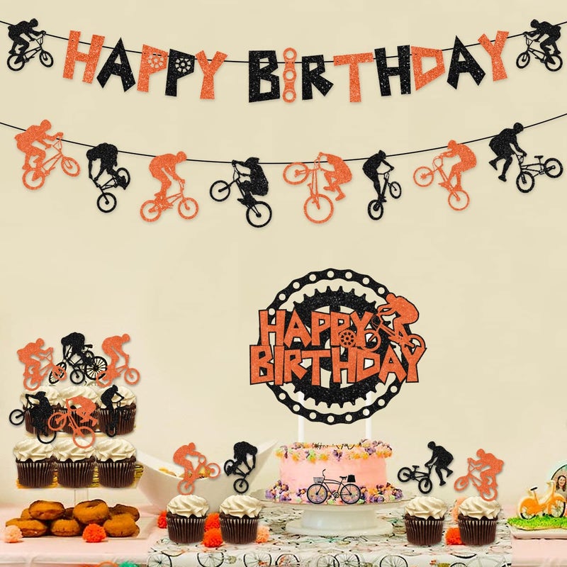 Funmemoir Bike Birthday Party Decorations Orange and Black Bicycle Motocross Party Decorations - BMX Happy Birthday Banner Bike Cake Topper Garland Balloons, Extreme Sports Party Supplies for Boys - Image 3