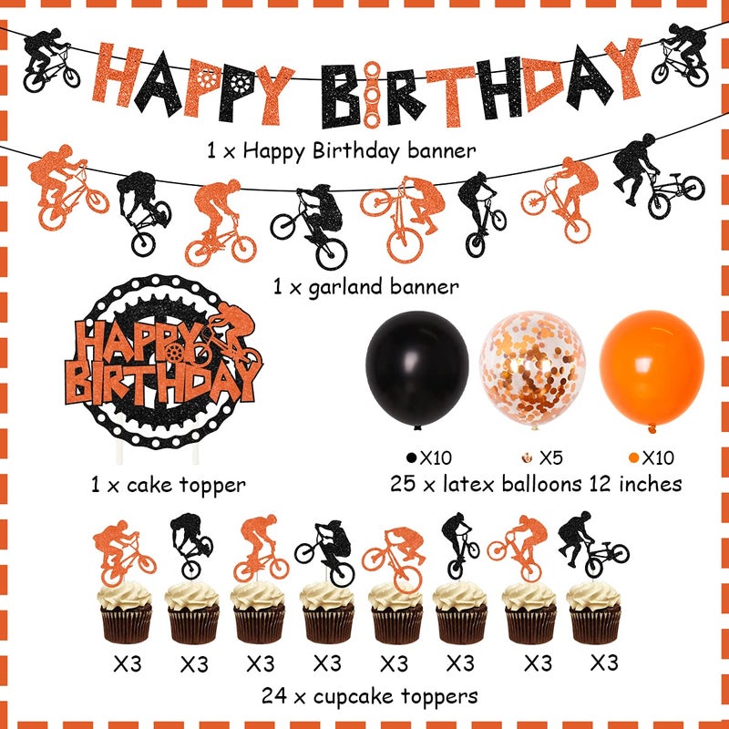 Funmemoir Bike Birthday Party Decorations Orange and Black Bicycle Motocross Party Decorations - BMX Happy Birthday Banner Bike Cake Topper Garland Balloons, Extreme Sports Party Supplies for Boys - Image 2