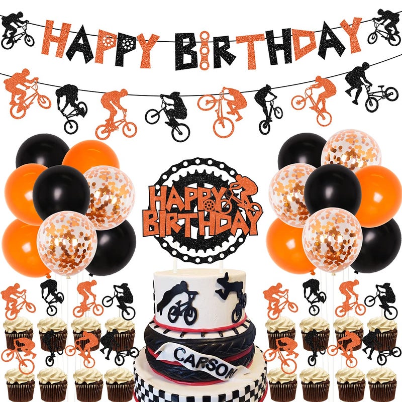 Funmemoir Bike Birthday Party Decorations Orange and Black Bicycle Motocross Party Decorations - BMX Happy Birthday Banner Bike Cake Topper Garland Balloons, Extreme Sports Party Supplies for Boys - Image 1