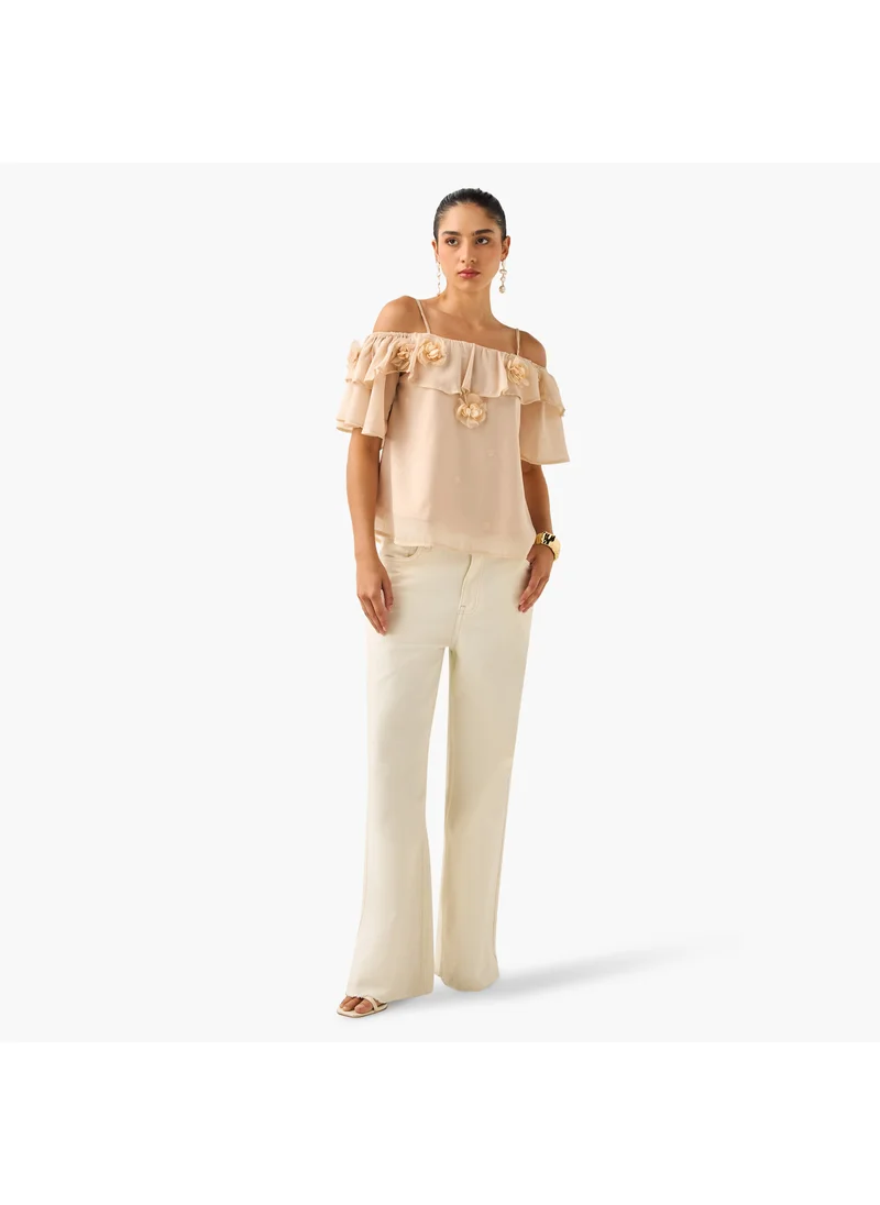 2Xtremz 2Xtremz Floral Accent Off Shoulder Top with Ruffles